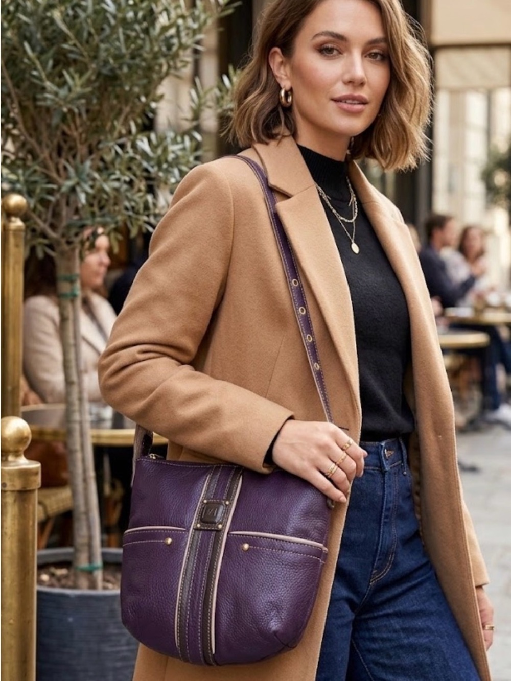 Leather Stone Mountain Crossbody Shoulder Bag in Purple